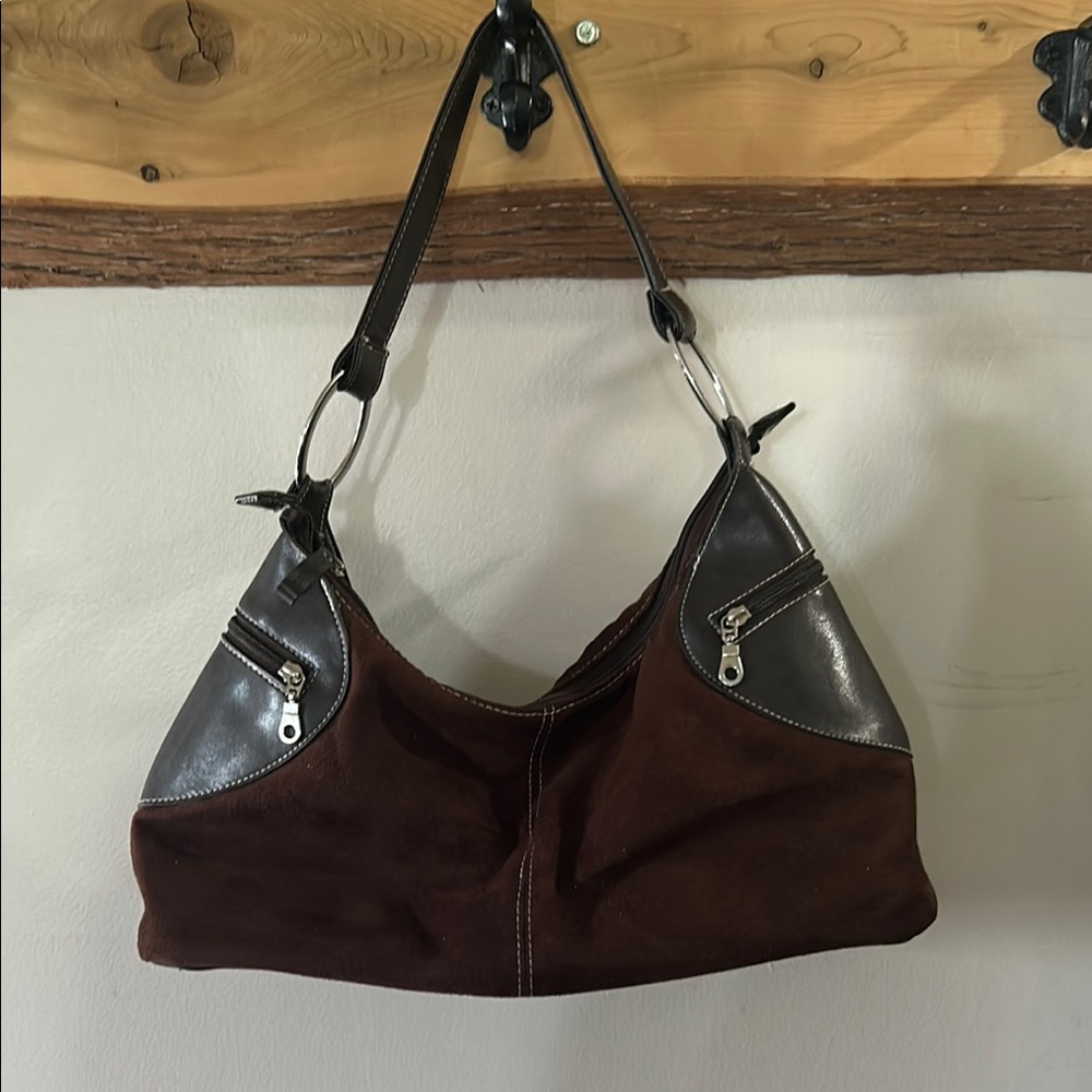 Estee Lauder Brown and Black Hobo Bag with Silver Hardware